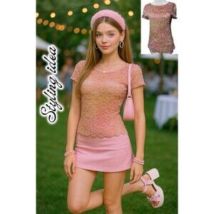 Y2K SoftGirl Fairycore Sheer Lace Glitter top size medium